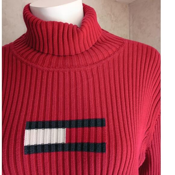 TOMMY HILFIGER XL Red Rib Knit Turtleneck Y2K Flag Logo Sweater Preppy Quietlux - Picture 3 of 13